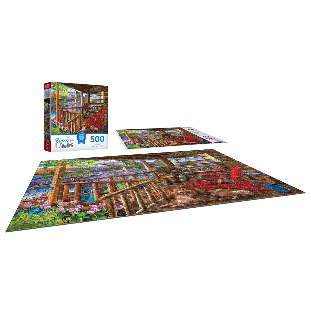 RoseArt Bigelow Illustrations Porch Life 500 Piece Jigsaw Puzzle – Lake Cabin Scene