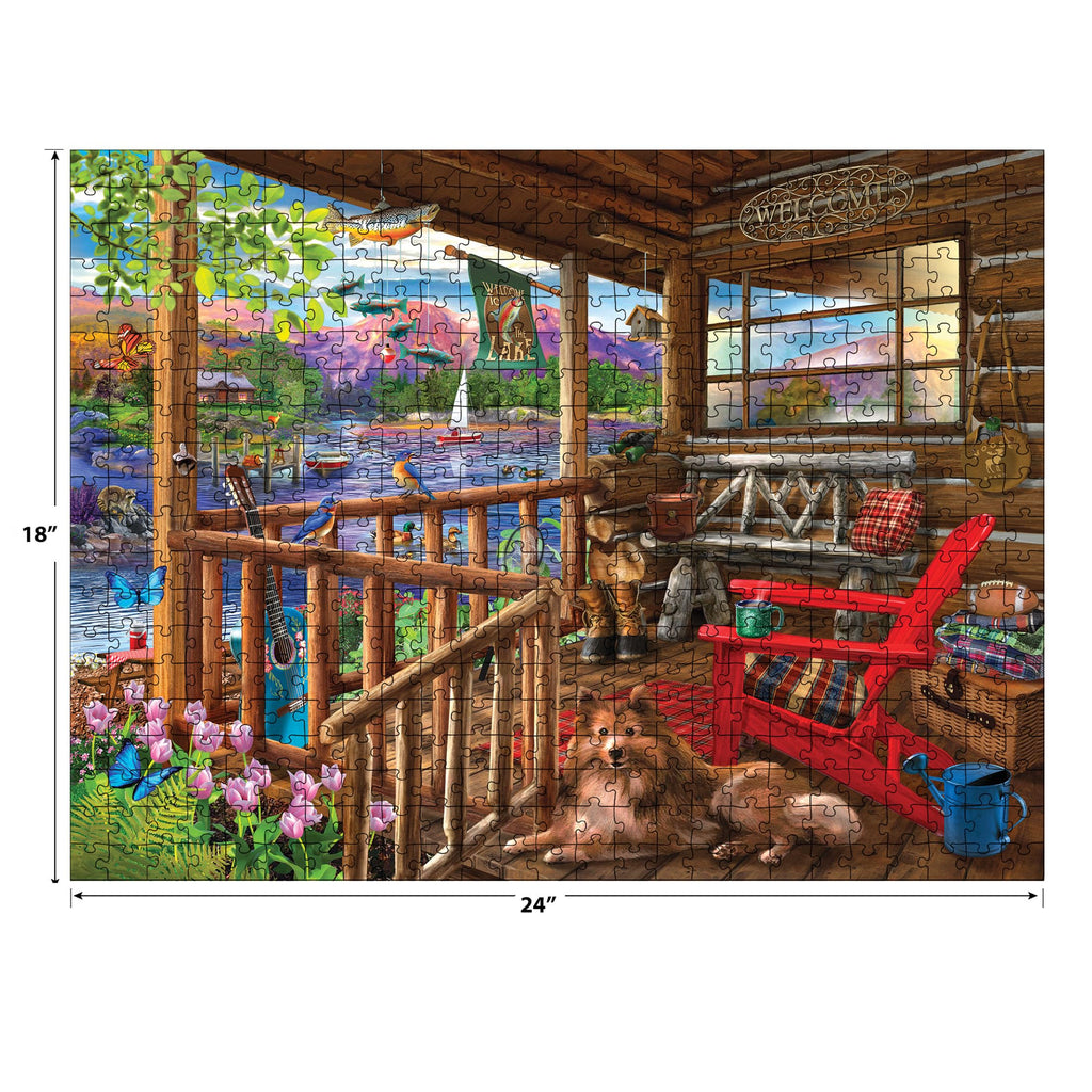 RoseArt Bigelow Illustrations Porch Life 500 Piece Jigsaw Puzzle – Lake Cabin Scene