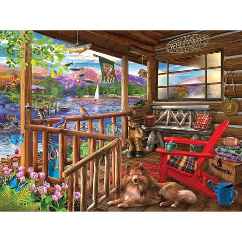 RoseArt Bigelow Illustrations Porch Life 500 Piece Jigsaw Puzzle – Lake Cabin Scene