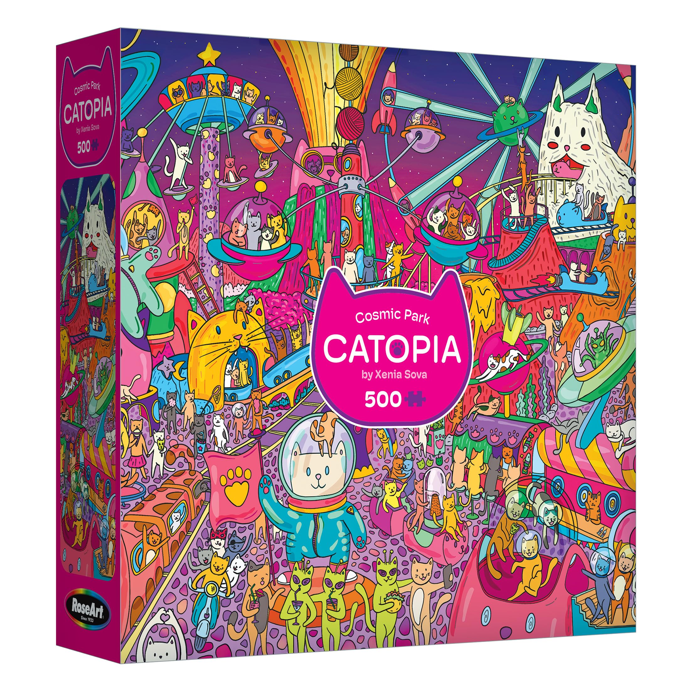 RoseArt Catopia Cosmic Park 500 Piece Jigsaw Puzzle – Whimsical Space Cat Carnival