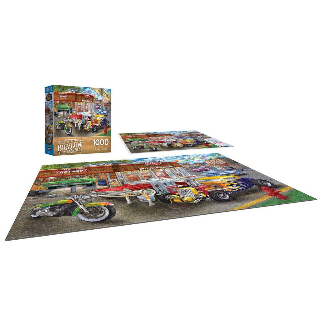 RoseArt Chris Bigelow Hot Rod Garage 1000-Piece Jigsaw Puzzle - Premium Quality with Bonus Poster