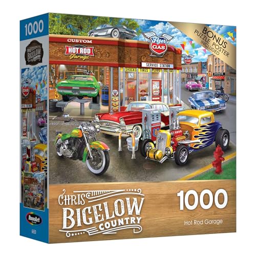 RoseArt Chris Bigelow Hot Rod Garage 1000-Piece Jigsaw Puzzle - Premium Quality with Bonus Poster