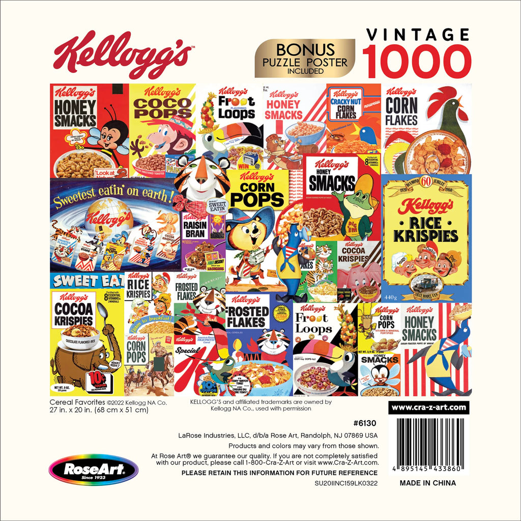 RoseArt Kellogg's Cereal Favorites 1000-Piece Jigsaw Puzzle – Premium Puzzle Board with Bonus Poster
