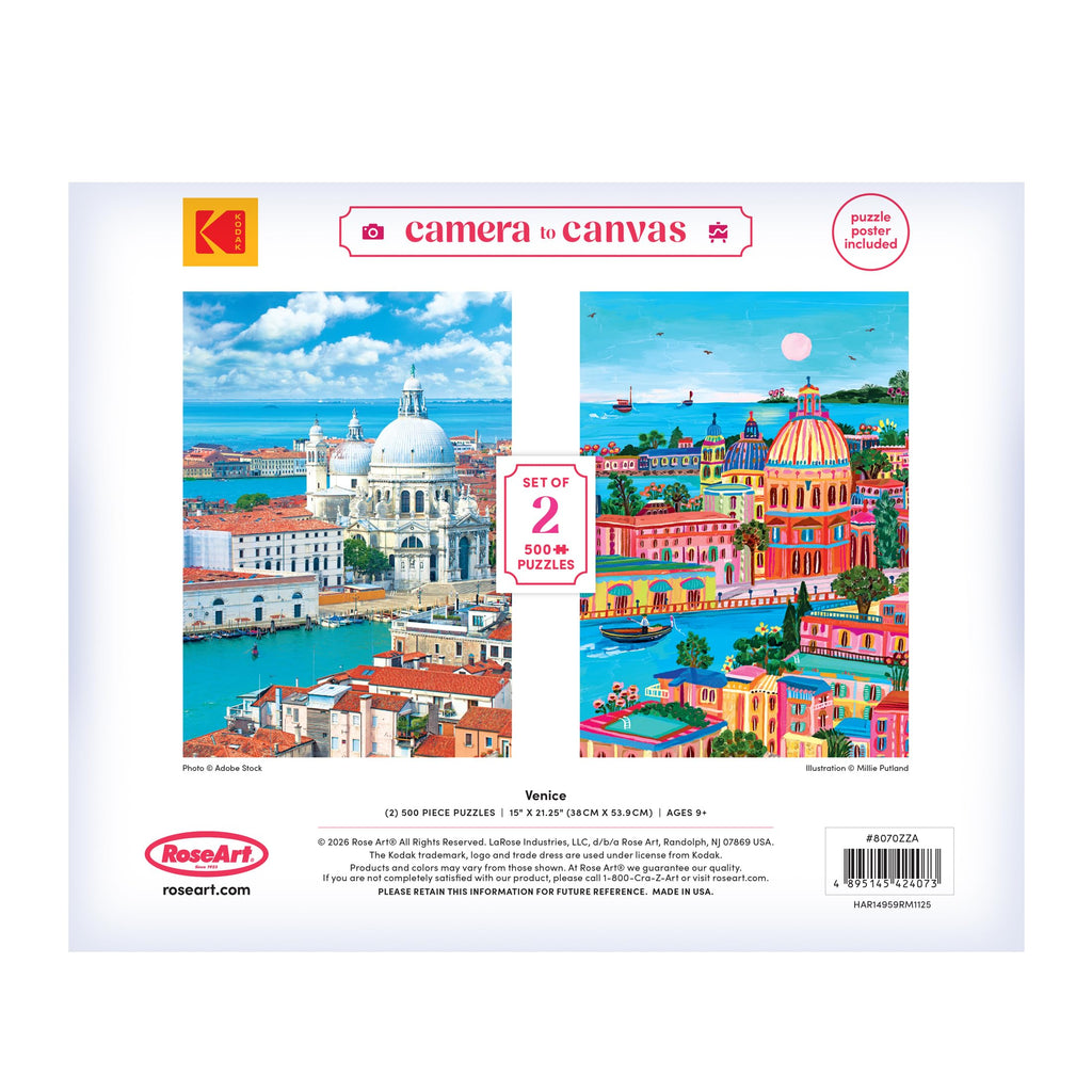 RoseArt Kodak Camera to Canvas Venice 2-Pack: 500-Piece Photo vs Illustration Puzzles