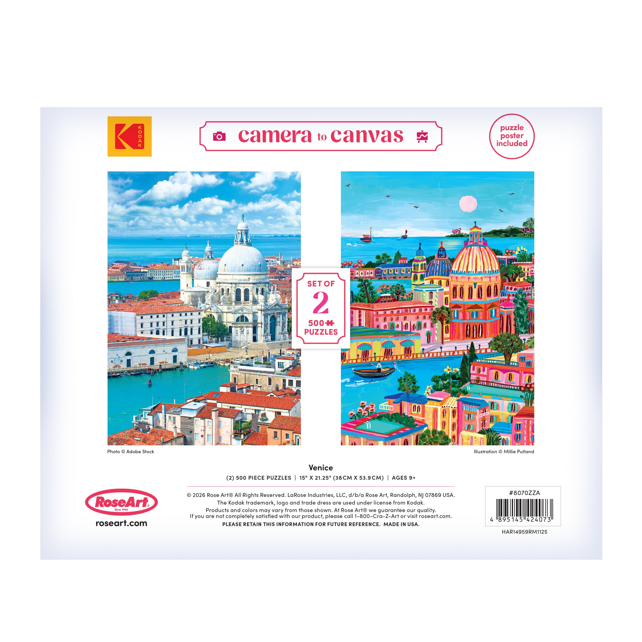 RoseArt Kodak Camera to Canvas Venice 2-Pack: 500-Piece Photo vs Illustration Puzzles