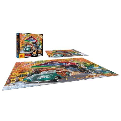 RoseArt Kodak Premium Cork 1000-Piece Jigsaw Puzzle: Covered Bridge Autumn Scene
