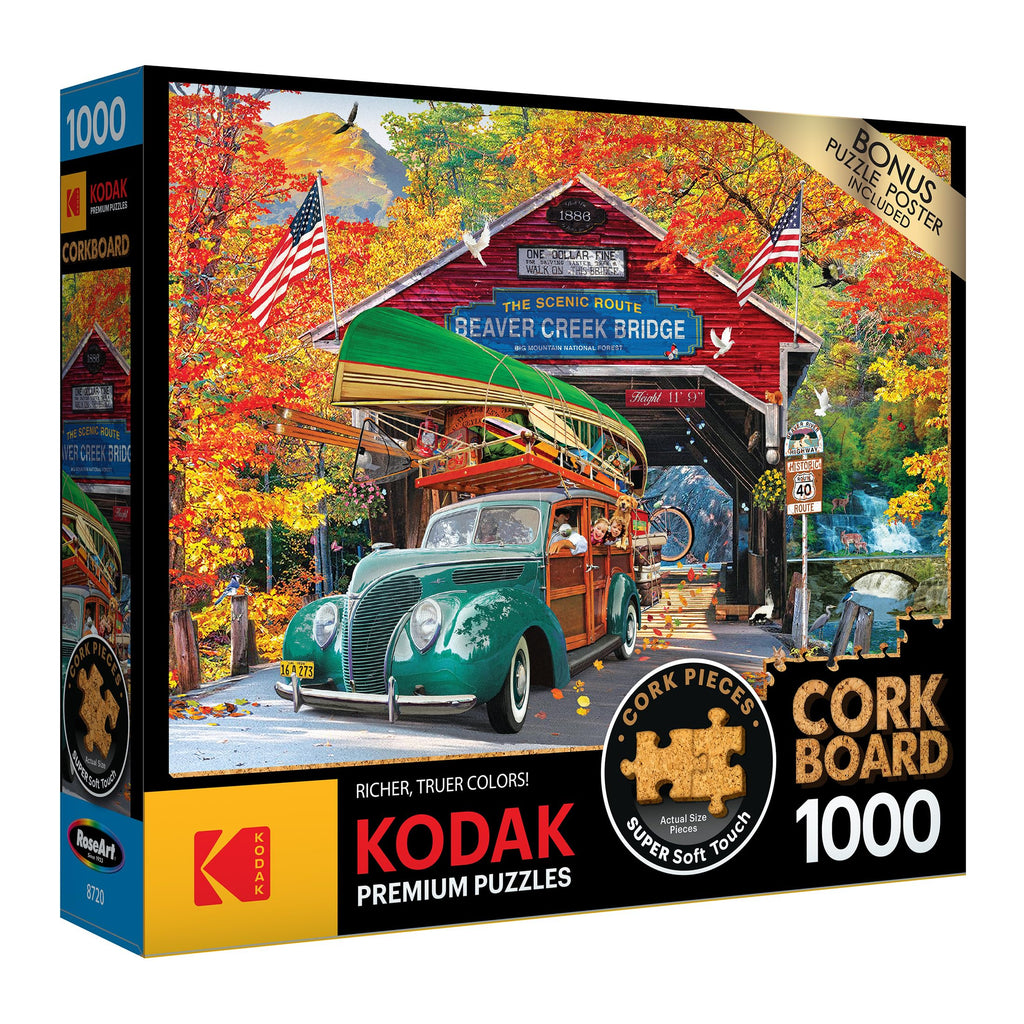 RoseArt Kodak Premium Cork 1000-Piece Jigsaw Puzzle: Covered Bridge Autumn Scene