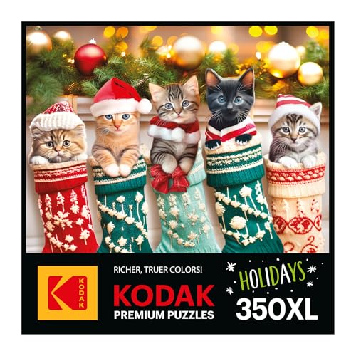 RoseArt Kodak Premium Kitten Stockings 350-Piece Jigsaw Puzzle – Holiday Cat Scene
