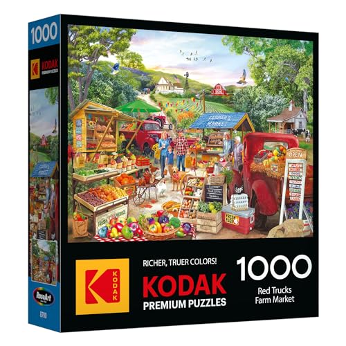 RoseArt Kodak Premium Red Trucks Farm Market 1000-Piece Jigsaw Puzzle – Americana Scene, Made in USA