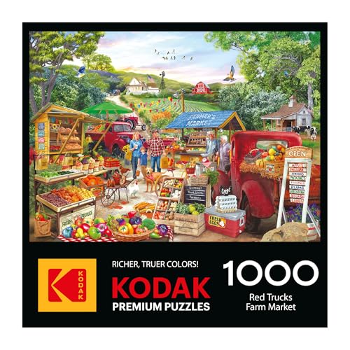 RoseArt Kodak Premium Red Trucks Farm Market 1000-Piece Jigsaw Puzzle – Americana Scene, Made in USA