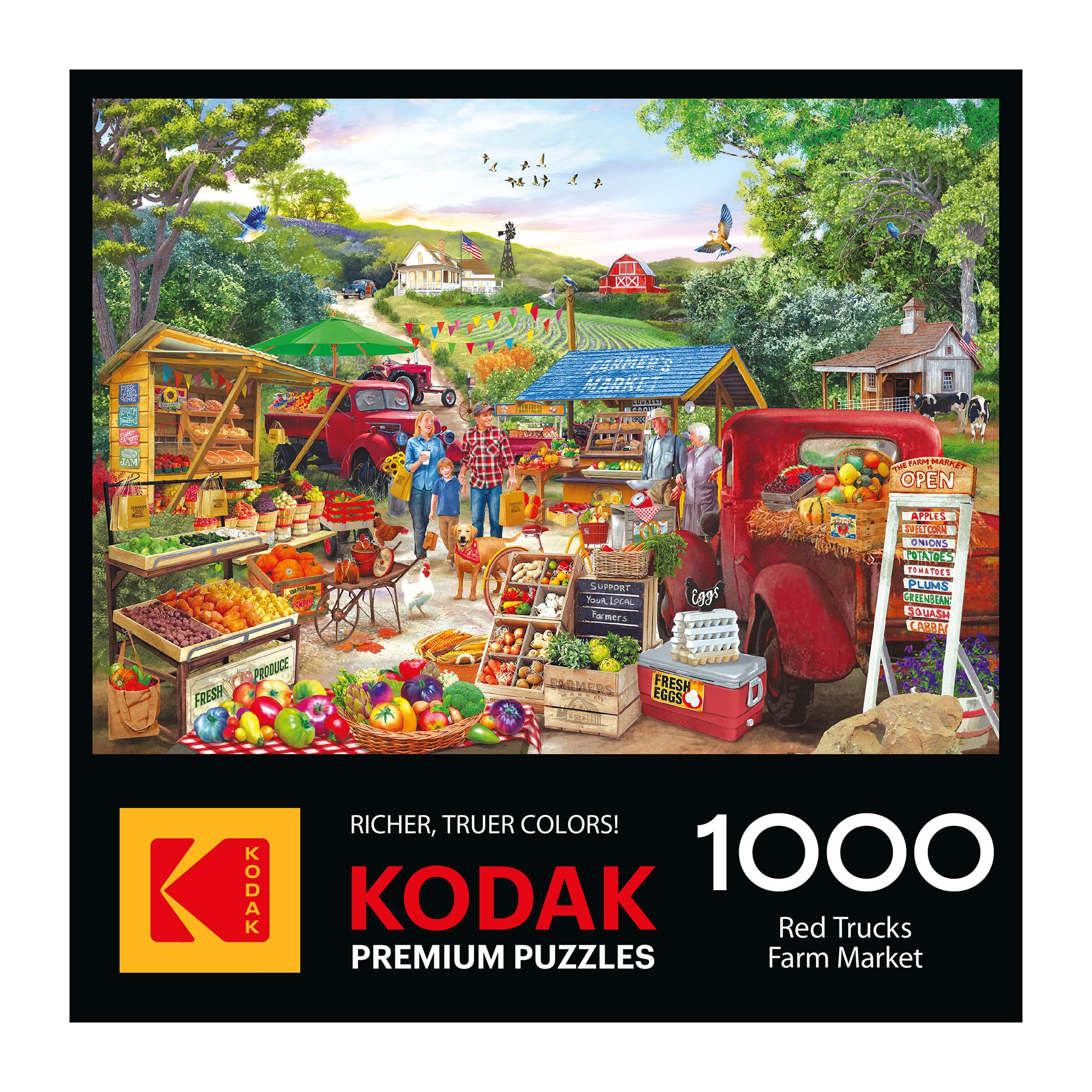 RoseArt Kodak Premium Red Trucks Farm Market 1000-Piece Jigsaw Puzzle – Americana Scene, Made in USA