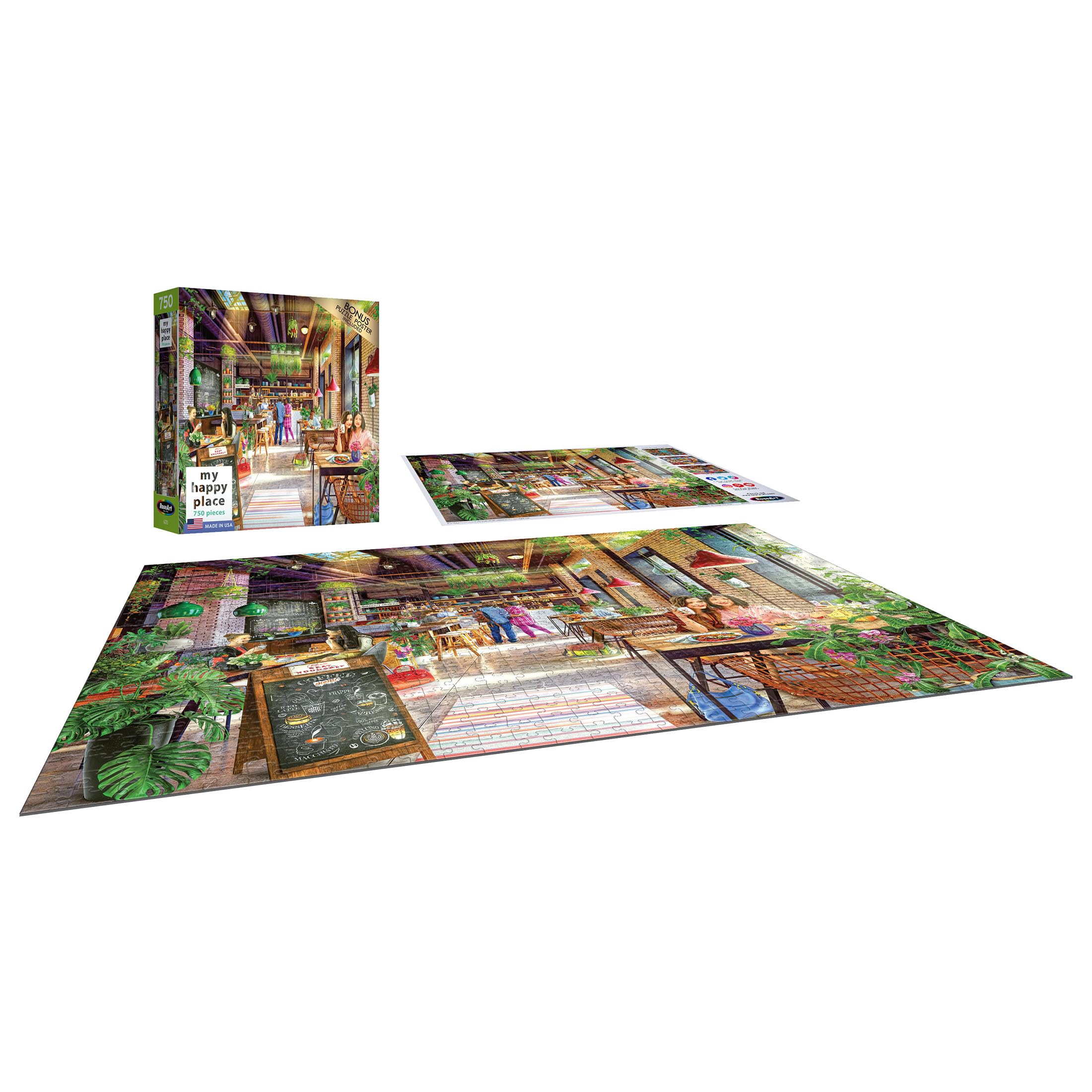 RoseArt My Happy Place Neighborhood Cafe 750-Piece Jigsaw Puzzle – Cozy Coffee Shop Art, Made in USA