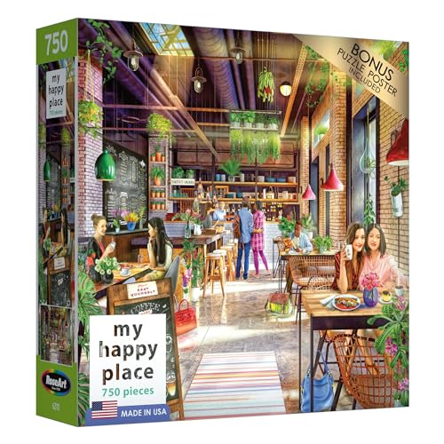 RoseArt My Happy Place Neighborhood Cafe 750-Piece Jigsaw Puzzle – Cozy Coffee Shop Art, Made in USA