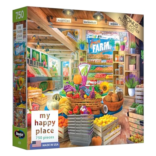 RoseArt My Happy Place Organic Fresh Market 1000-Piece Jigsaw Puzzle – Farm Stand Scene, Made in USA