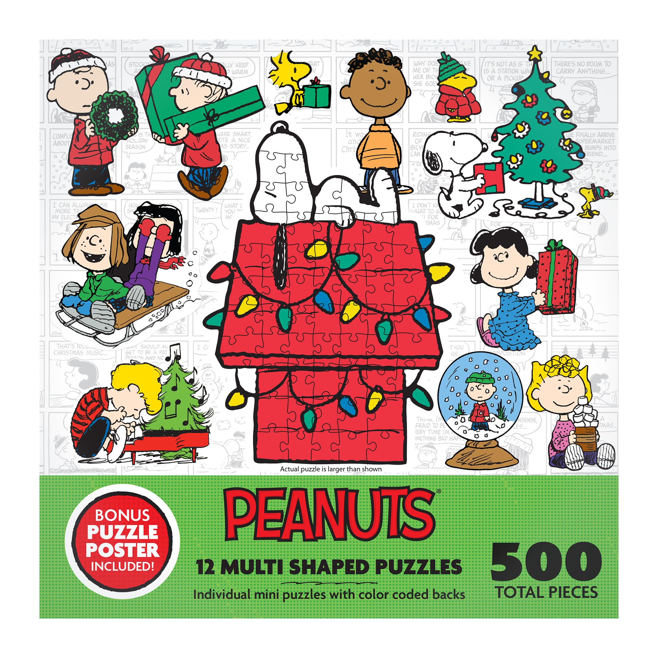 RoseArt Peanuts Holiday Friends 12 Mini Shaped Jigsaw Puzzle Set with Bonus Poster