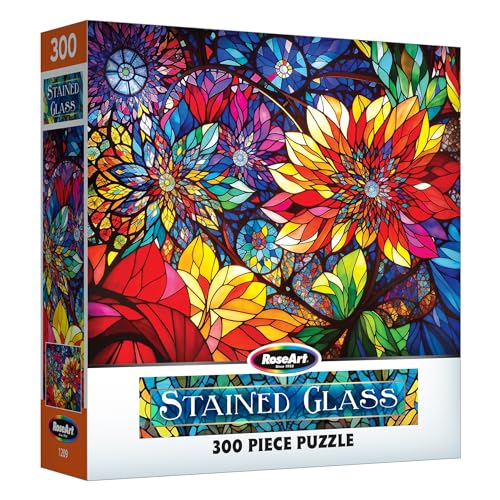 RoseArt Stained Glass Flowers 300-Piece Jigsaw Puzzle – 24x18 Inch Finished Size