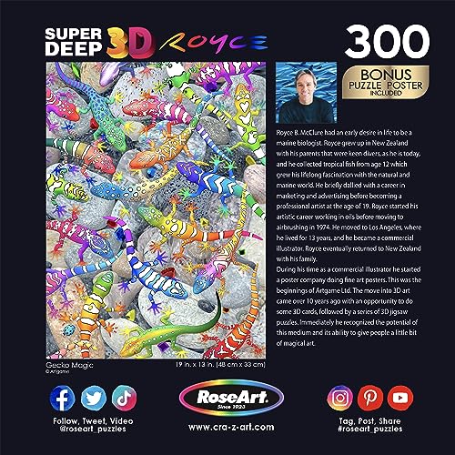 RoseArt Super Deep 3D Gecko Magic 300-Piece Jigsaw Puzzle – Colorful Interlocking Puzzle for Adults