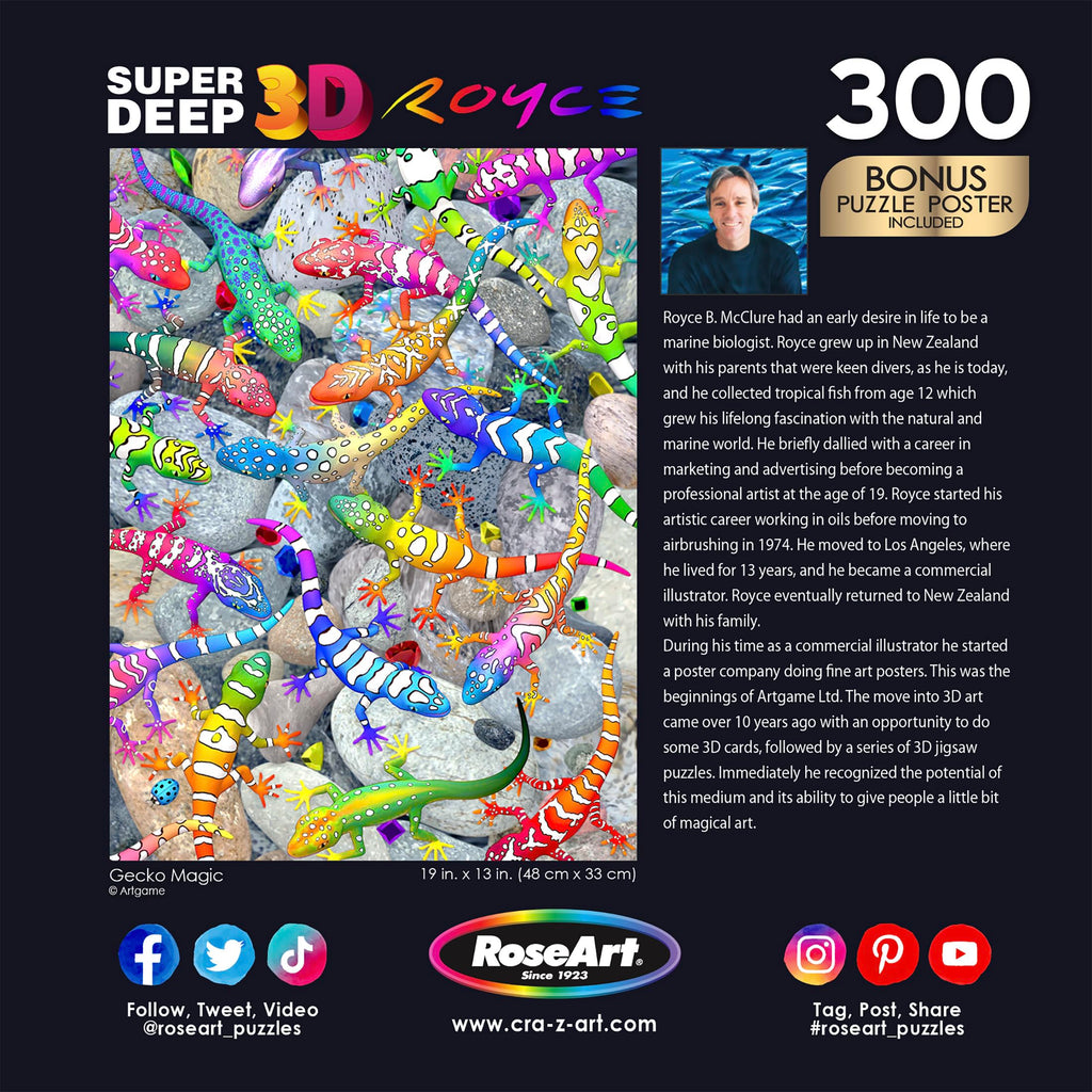 RoseArt Super Deep 3D Gecko Magic 300-Piece Jigsaw Puzzle – Colorful Interlocking Puzzle for Adults