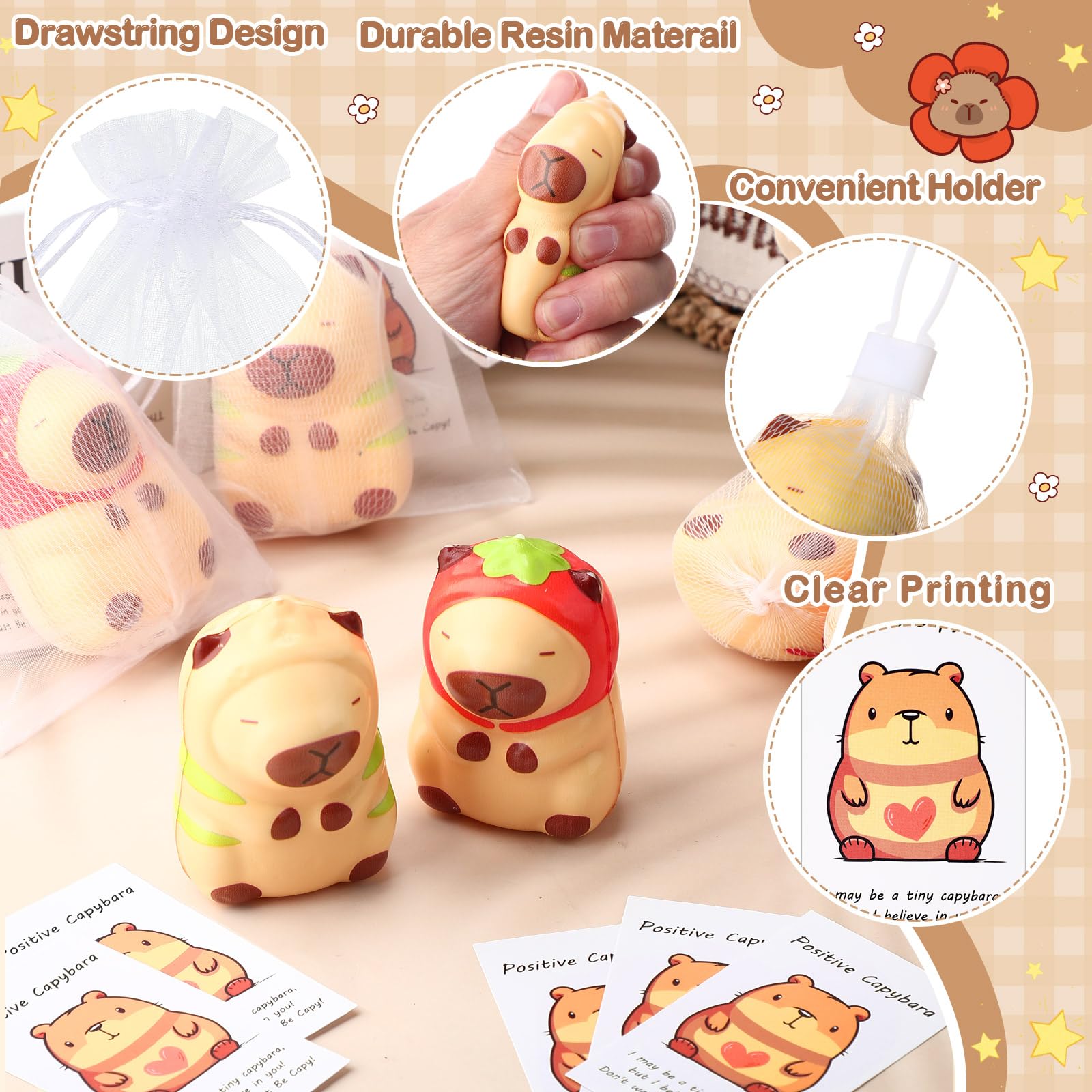 RoundFunny 12-Pack Capybara Stress Balls with Inspirational Cards & Organza Bags - Mini Squeeze Toys for Employee Gifts, Party Favors