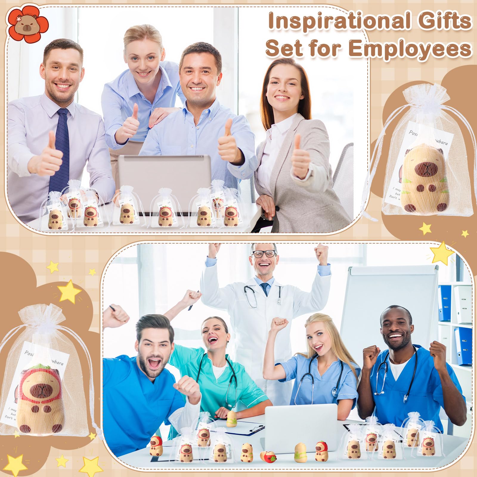 RoundFunny 12-Pack Capybara Stress Balls with Inspirational Cards & Organza Bags - Mini Squeeze Toys for Employee Gifts, Party Favors