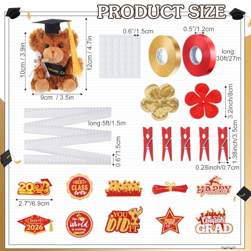RoundFunny 82-Piece 2026 Graduation Candy Lei Making Kit – Red & Gold DIY Set with Netting Tubing, Plush Bears, Ribbons, and Decorations