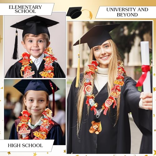 RoundFunny 82-Piece 2026 Graduation Candy Lei Making Kit – Red & Gold DIY Set with Netting Tubing, Plush Bears, Ribbons, and Decorations