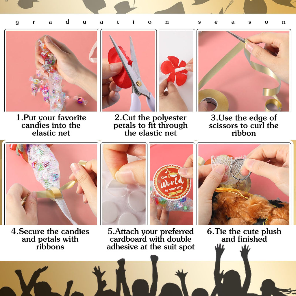 RoundFunny 82-Piece 2026 Graduation Candy Lei Making Kit – Red & Gold DIY Set with Netting Tubing, Plush Bears, Ribbons, and Decorations