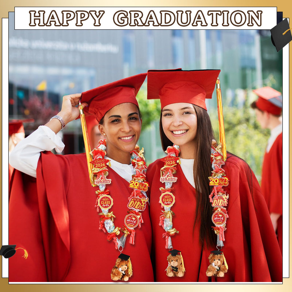 RoundFunny 82-Piece 2026 Graduation Candy Lei Making Kit – Red & Gold DIY Set with Netting Tubing, Plush Bears, Ribbons, and Decorations