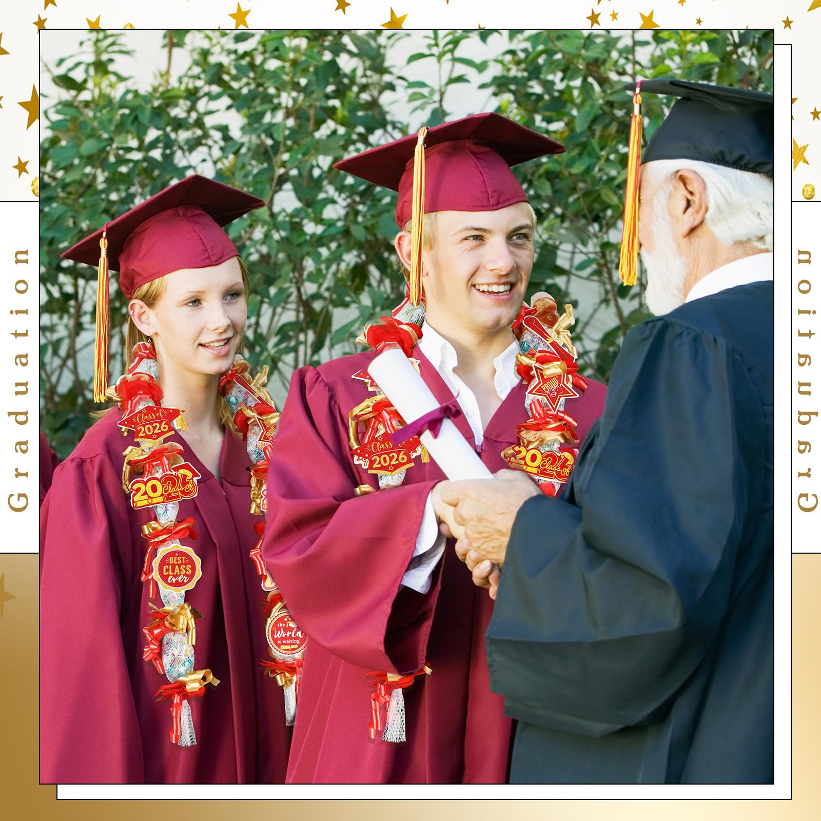 RoundFunny 82-Piece 2026 Graduation Candy Lei Making Kit – Red & Gold DIY Set with Netting Tubing, Plush Bears, Ribbons, and Decorations