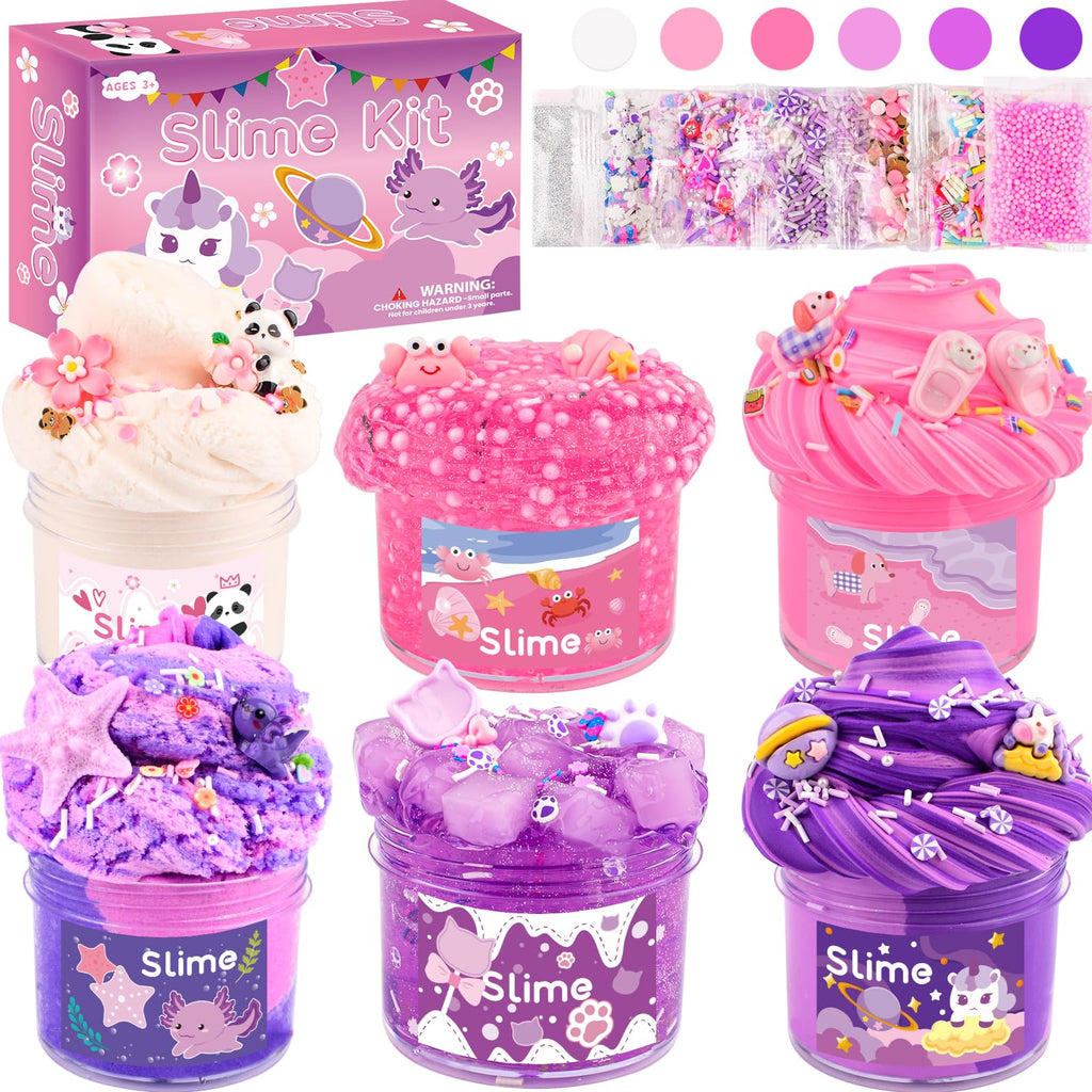 Rowecvce 6 Pack Pink & Purple Slime Kit with Animal Charms, Butter Cloud Clear Slimes, Sensory DIY Party Favors for Kids Ages 4-12