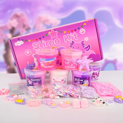 Rowecvce 6 Pack Pink & Purple Slime Kit with Animal Charms, Butter Cloud Clear Slimes, Sensory DIY Party Favors for Kids Ages 4-12