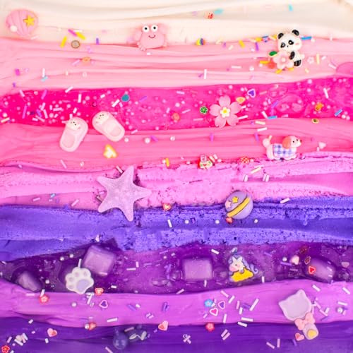 Rowecvce 6 Pack Pink & Purple Slime Kit with Animal Charms, Butter Cloud Clear Slimes, Sensory DIY Party Favors for Kids Ages 4-12