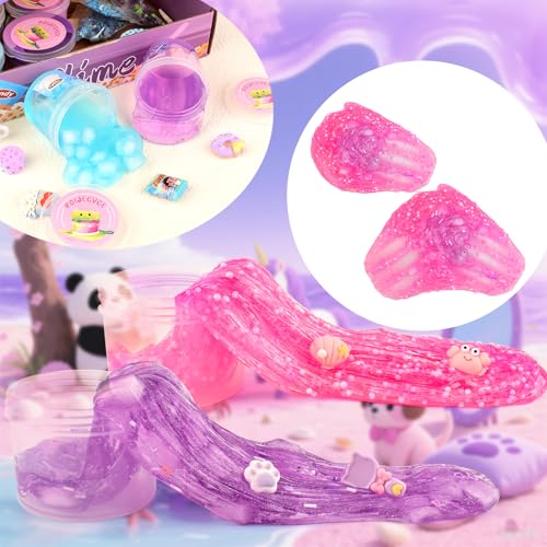 Rowecvce 6 Pack Pink & Purple Slime Kit with Animal Charms, Butter Cloud Clear Slimes, Sensory DIY Party Favors for Kids Ages 4-12