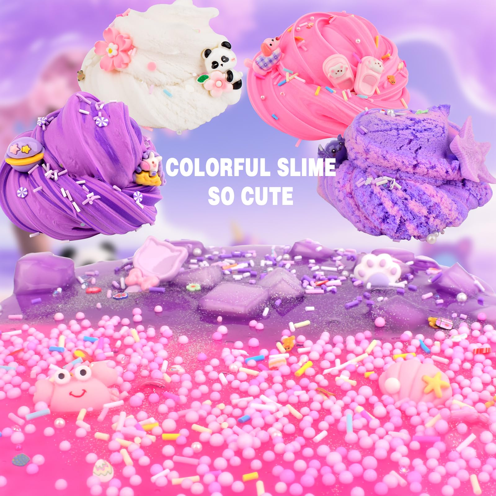 Rowecvce 6 Pack Pink & Purple Slime Kit with Animal Charms, Butter Cloud Clear Slimes, Sensory DIY Party Favors for Kids Ages 4-12
