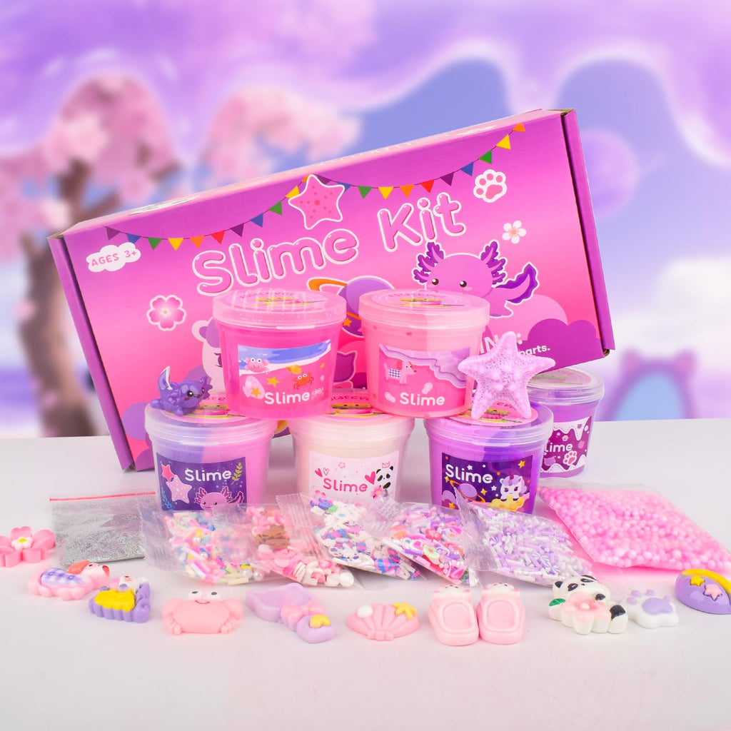 Rowecvce 6 Pack Pink & Purple Slime Kit with Animal Charms, Butter Cloud Clear Slimes, Sensory DIY Party Favors for Kids Ages 4-12