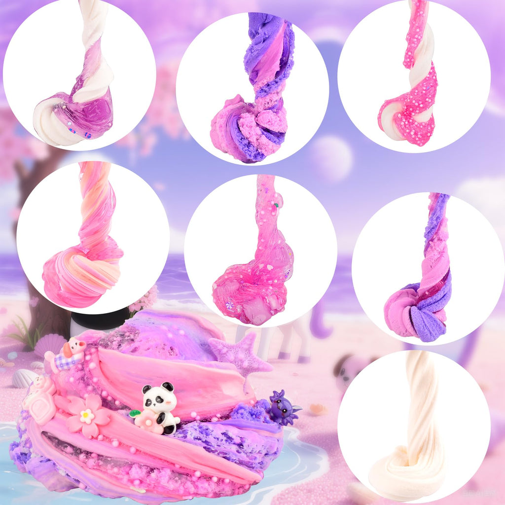 Rowecvce 6 Pack Pink & Purple Slime Kit with Animal Charms, Butter Cloud Clear Slimes, Sensory DIY Party Favors for Kids Ages 4-12