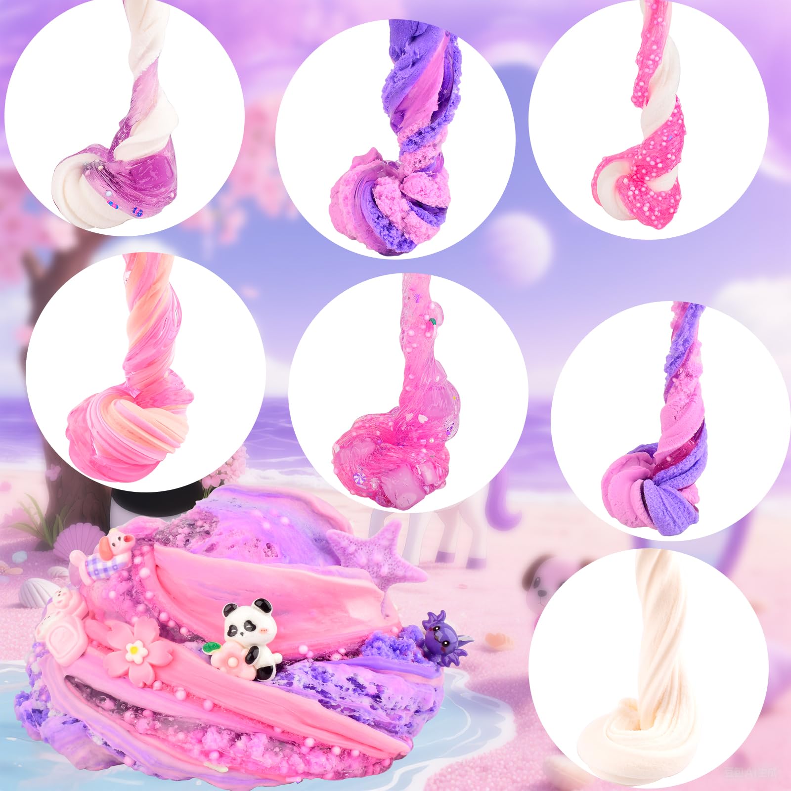 Rowecvce 6 Pack Pink & Purple Slime Kit with Animal Charms, Butter Cloud Clear Slimes, Sensory DIY Party Favors for Kids Ages 4-12