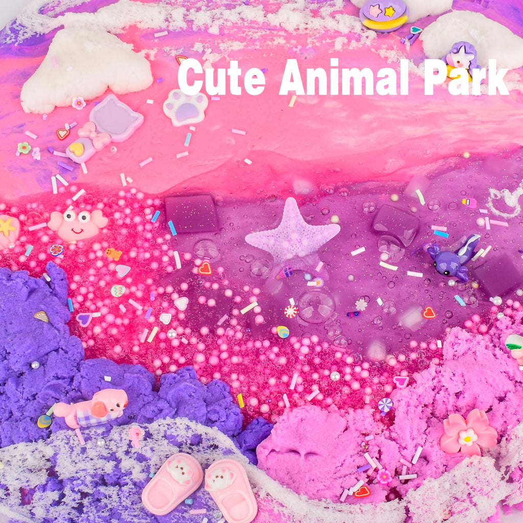 Rowecvce 6 Pack Pink & Purple Slime Kit with Animal Charms, Butter Cloud Clear Slimes, Sensory DIY Party Favors for Kids Ages 4-12