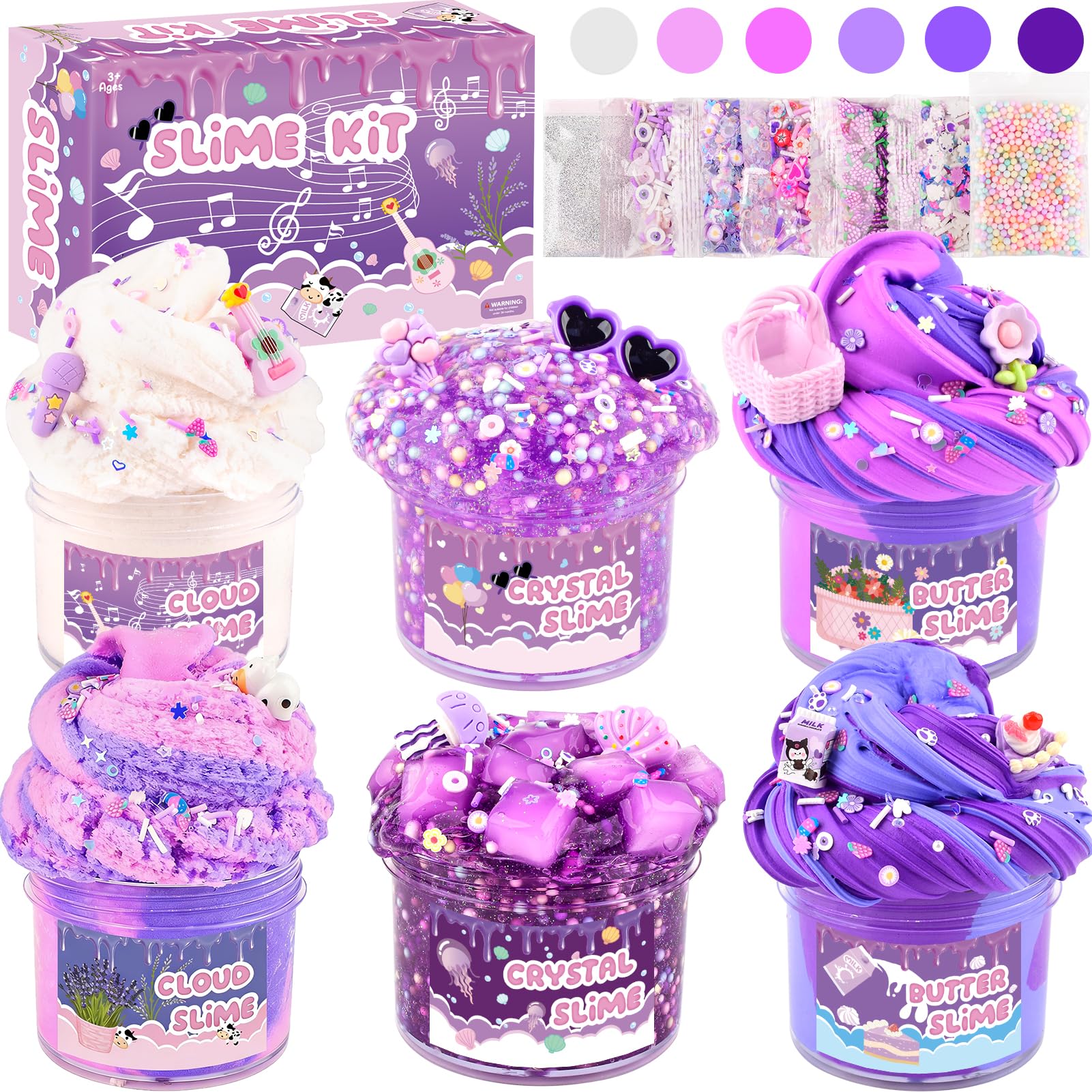 Rowecvce 6-Pack Slime Kit – Purple Butter, Cloud & Clear Slime with Accessories, Sensory Toy for Kids Ages 5-12