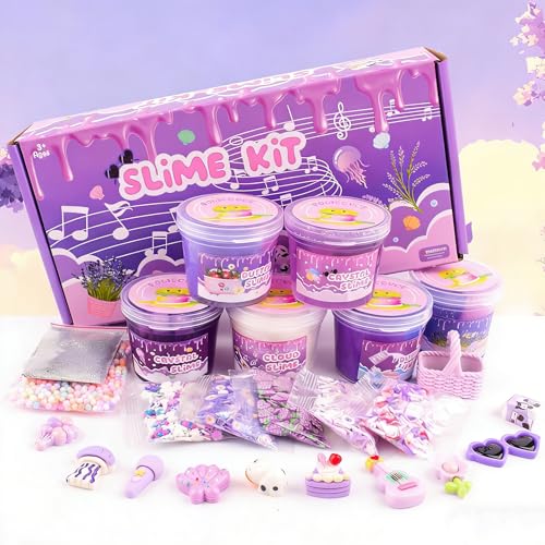 Rowecvce 6-Pack Slime Kit – Purple Butter, Cloud & Clear Slime with Accessories, Sensory Toy for Kids Ages 5-12