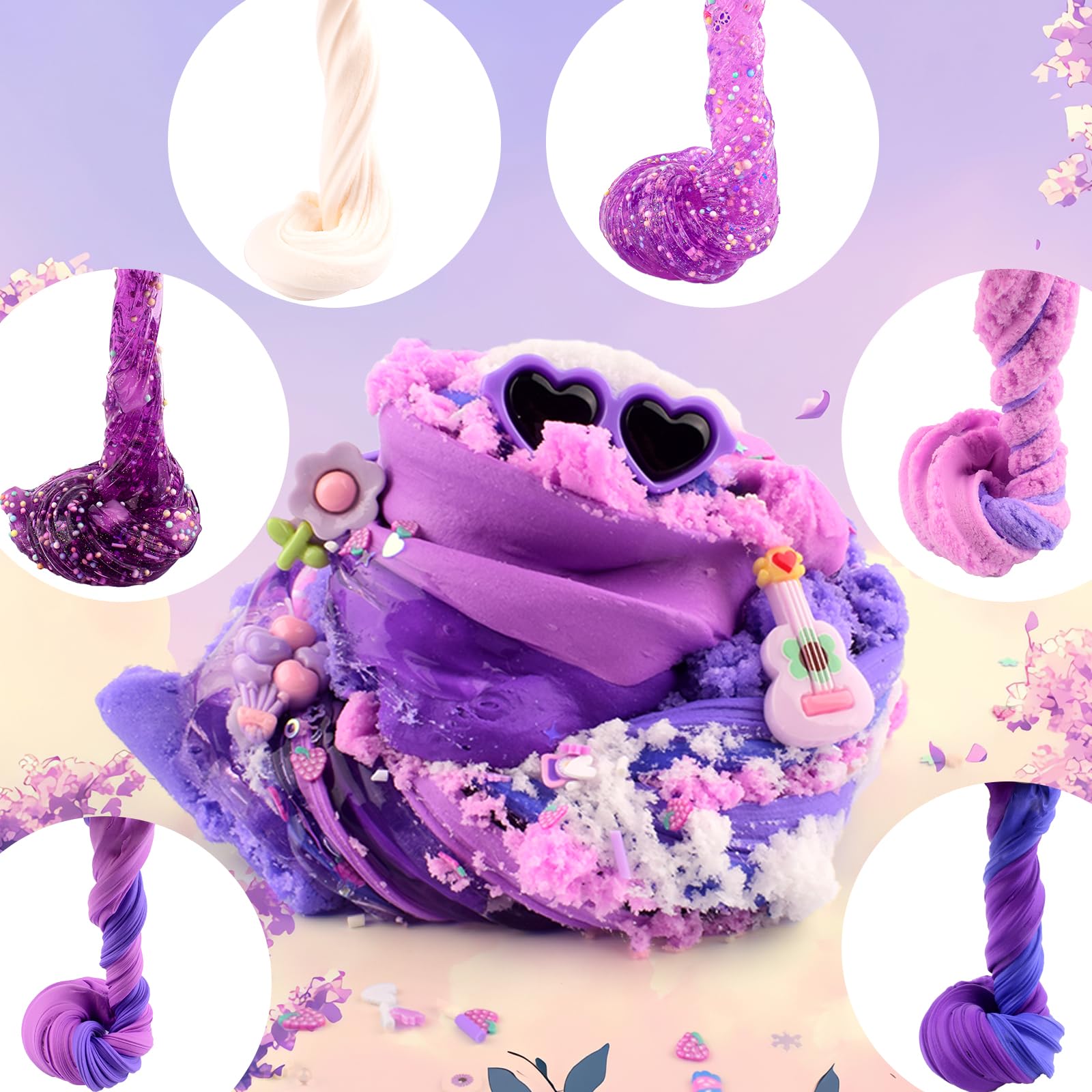 Rowecvce 6-Pack Slime Kit – Purple Butter, Cloud & Clear Slime with Accessories, Sensory Toy for Kids Ages 5-12