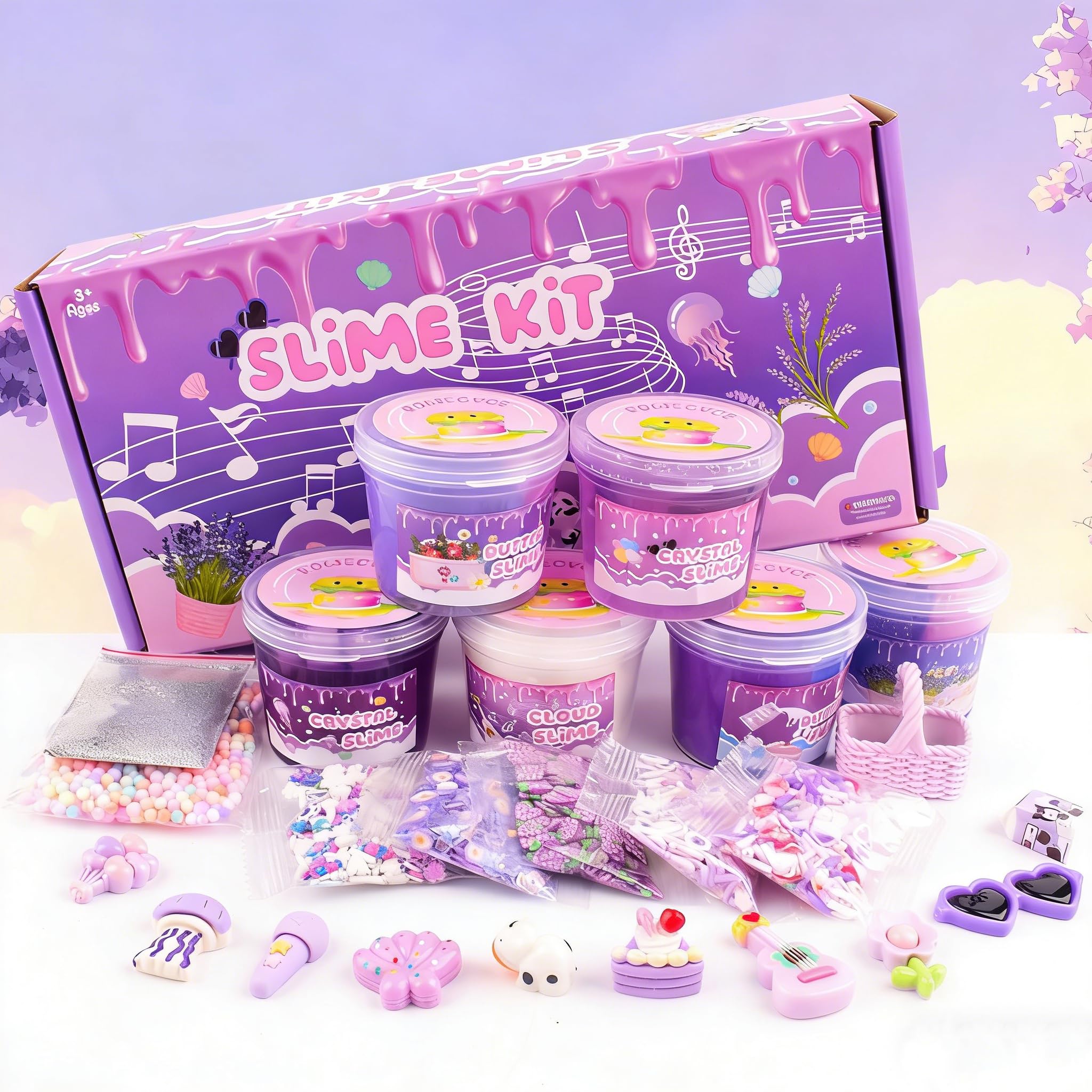 Rowecvce 6-Pack Slime Kit – Purple Butter, Cloud & Clear Slime with Accessories, Sensory Toy for Kids Ages 5-12