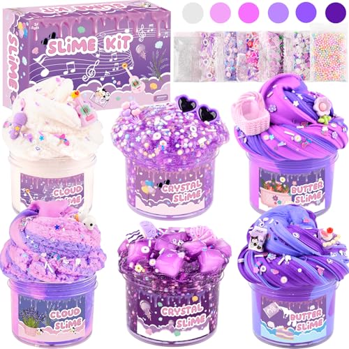 Rowecvce 6-Pack Slime Kit – Purple Butter, Cloud & Clear Slime with Accessories, Sensory Toy for Kids Ages 5-12