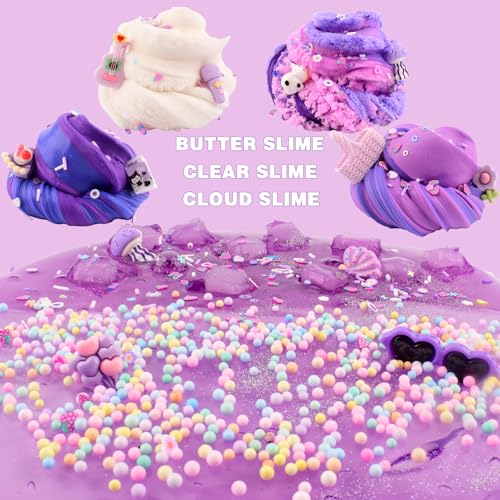 Rowecvce 6-Pack Slime Kit – Purple Butter, Cloud & Clear Slime with Accessories, Sensory Toy for Kids Ages 5-12