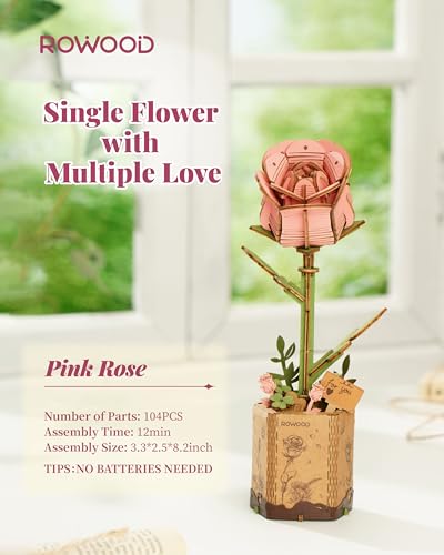 rowood Pink Rose Wooden Flower Craft Kit – 3D Puzzle for Adults with Adjustable Stems & Surprise Insect Cards