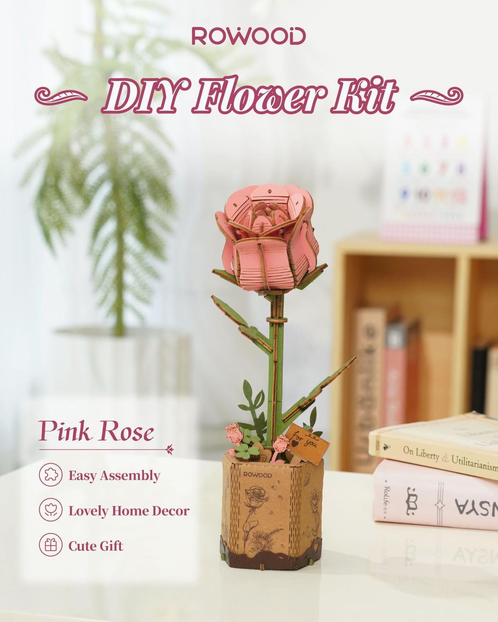 rowood Pink Rose Wooden Flower Craft Kit – 3D Puzzle for Adults with Adjustable Stems & Surprise Insect Cards