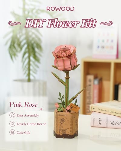 rowood Pink Rose Wooden Flower Craft Kit – 3D Puzzle for Adults with Adjustable Stems & Surprise Insect Cards