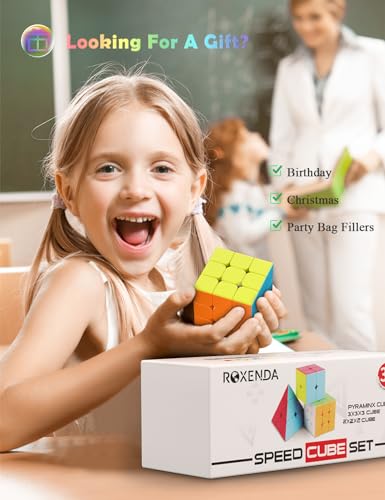 ROXENDA Speed Cube Set – 2x2, 3x3 & Pyramid Puzzle Cubes (Stickerless, Pre-Lubricated)