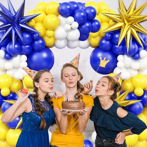 Royal Blue Yellow White Balloon Arch Kit with 4D Foil Star Balloons – 109 Piece Party Garland for Graduation, Baby Shower, Birthday