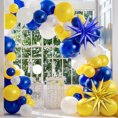 Royal Blue Yellow White Balloon Arch Kit with 4D Foil Star Balloons – 109 Piece Party Garland for Graduation, Baby Shower, Birthday